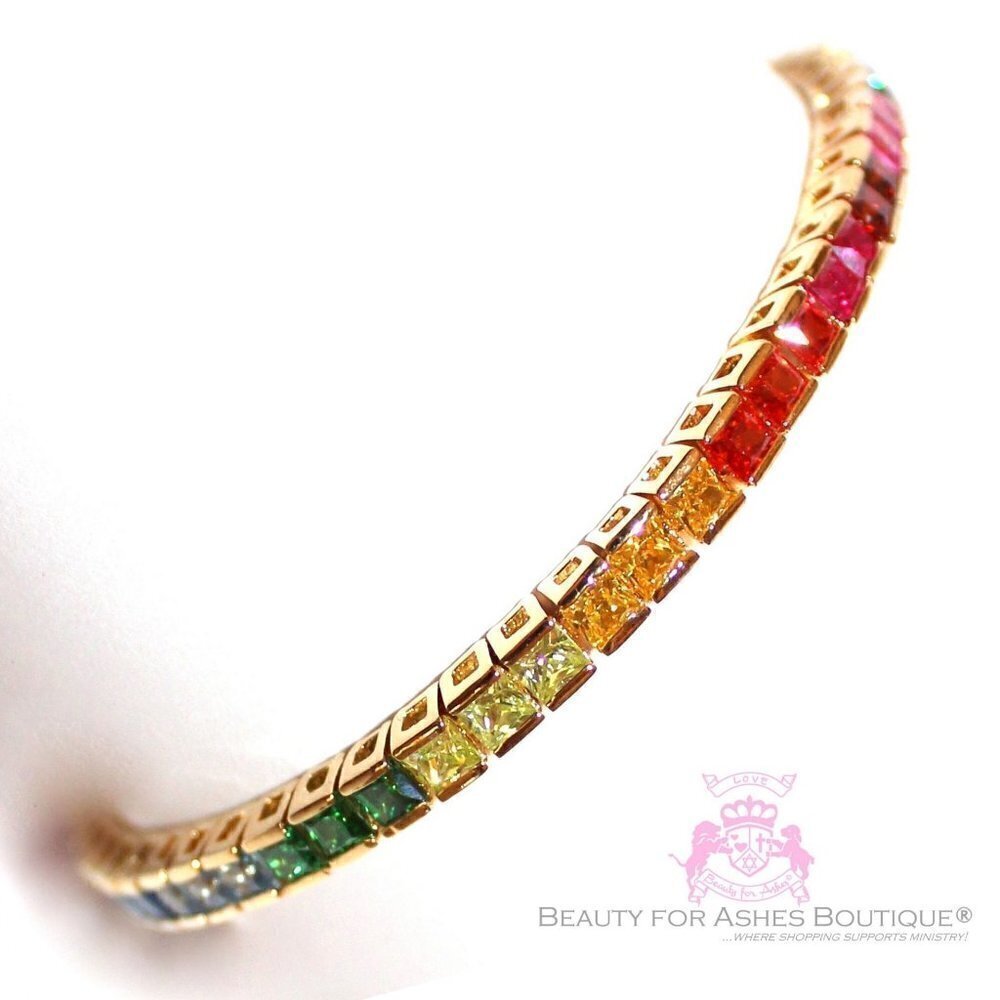 Brass Yellow Gold Plated God's Promise Over the Rainbow Cz Tennis Bracelet